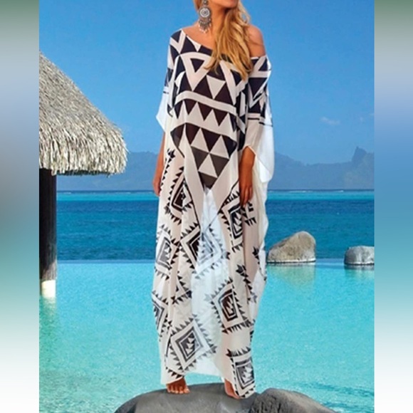 Women Loose Kaftan Swimsuit Cover Up Beach Long Casual Caftan Dress NWOT - Picture 3 of 5